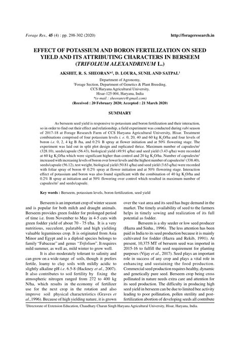 Pdf Effect Of Potassium And Boron Fertilization On Seed Yield And Its