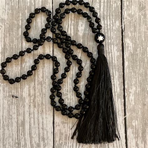 Black Mala Mala Beads Tassel Necklace Hand Knotted Mala Chakra