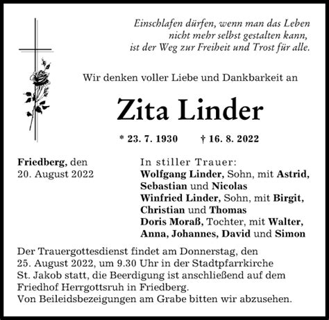 Traueranzeigen Von Zita Linder Allg Uer Zeitung