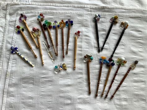 Mixed Lace Making Bobbins With Beaded Spangles Engraved Wood