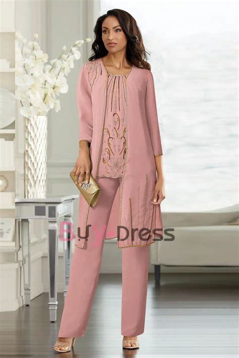 Dusty Pink Hand Beading Chiffon Mother Of The Bride Pant Set Dressy