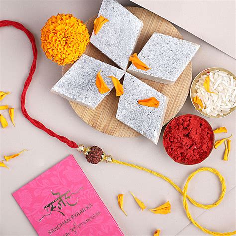 Buy Send Sneh Ethnic Rudraksh Rakhi With Kaju Katli Online Fnp