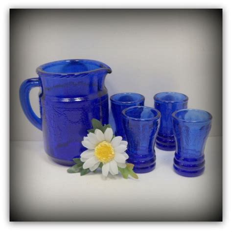 Mosser Glass Cobalt Blue Jennifer Water Set Miniature Glass Pitcher Tumblers Cobalt Blue Blue