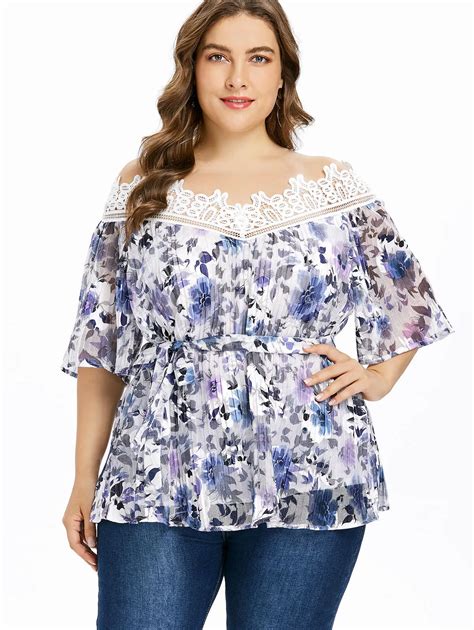 Gamiss Plus Size Flower Print Lace Sexy Off The Shoulder Pleated Blouse