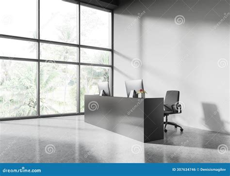 Office Interior Reception Desk With Pc Computers Panoramic Window