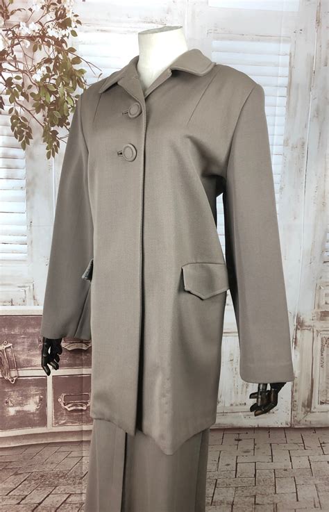 Original 1950s 50s Vintage Taupe Stroller Suit With Swing Coat By Vogu