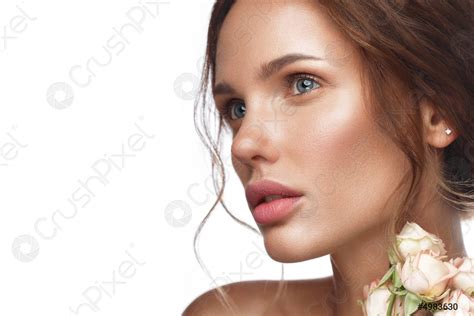 Beautiful Woman With Classic Nude Make Up Light Hairstyle And Stock