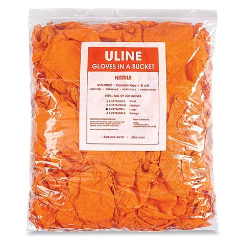 Uline Secure Grip™ Nitrile Gloves in a Bucket Refill Bag - Orange ...