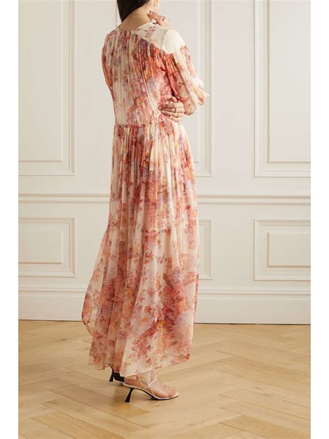 Zimmermann Devi Gathered Floral Print Silk Chiffon Midi Dress Net A