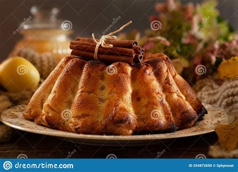 Cozy Autumn Still Life With Warm Homemade Biscuit Apple Pie And Hot Drink With Marshmallow Stock