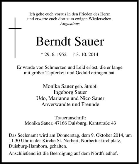 Traueranzeigen Von Berndt Sauer Trauer In Nrw De