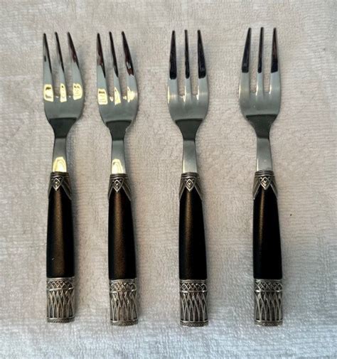 Vintage INOX EME Black & Silver Ornate Flatware 18/10 Set of 4 Salad ...