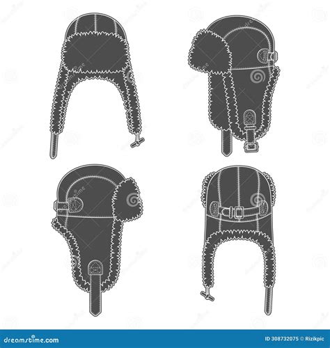 Set Of Black And White Illustrations With Flying Cap With Earflaps