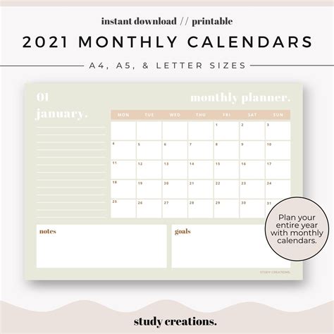 2021 Calendario Mensual Conjunto Imprimible Planificadores Etsy