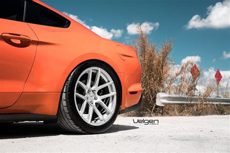 Comp Orange Ford Mustang On Velgen Vmb5 Satin Silver Wheels —