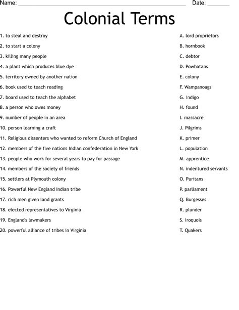 Colonial Time Match Worksheet