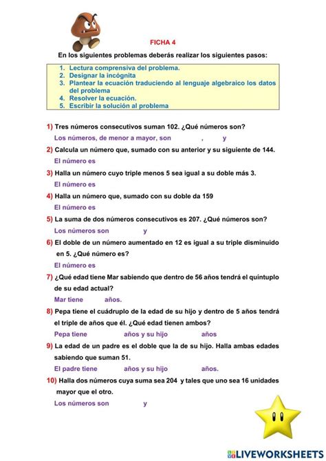 Problemas Ecuaciones De Primer Grado Interactive Worksheet Algebra