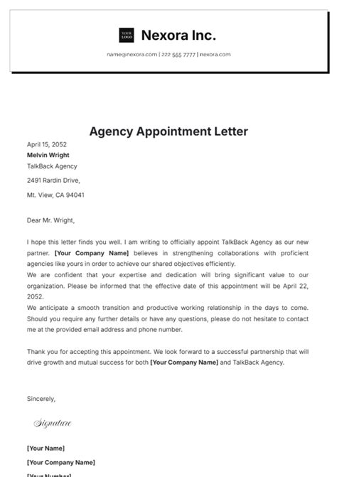 Free Agency Appointment Letter Template To Edit Online