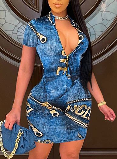 Wmns Graphic Printed Zipper Front Denim Tight Fit Mini Dress Denim Blue