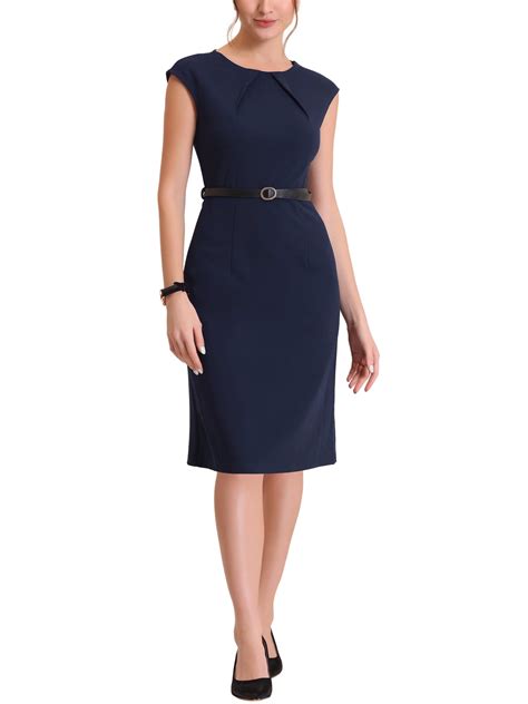 Allegra K Wear To Work Dress For Womens Round Neck Cap Sleeve Belted