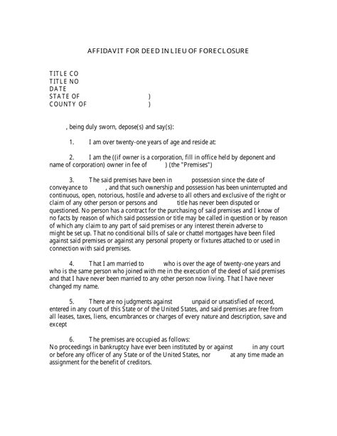 Affidavit For Deed In Lieu Of Foreclosure Fill Out Sign Online And