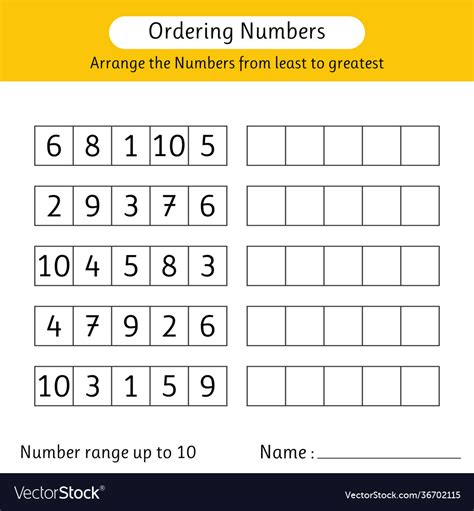 Ordering Numbers Worksheet Arrange Royalty Free Vector Image