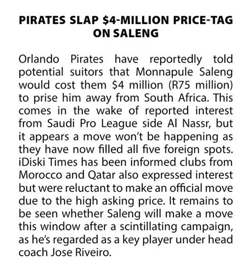 Sir Tshemedi On Twitter Pirates Slap R75 Million Price Tag On Saleng