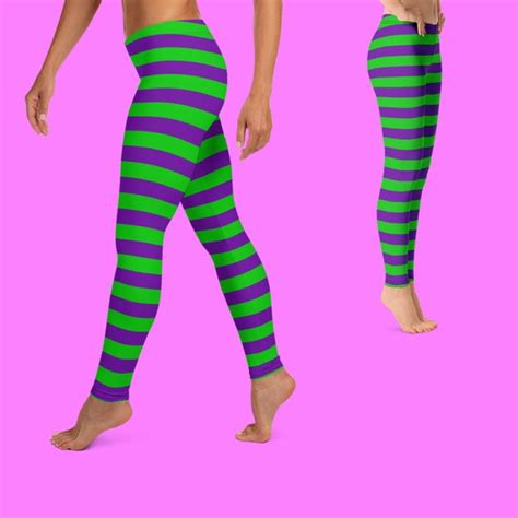 Purple And Green Leggings Two Color Leggings Striped Etsy