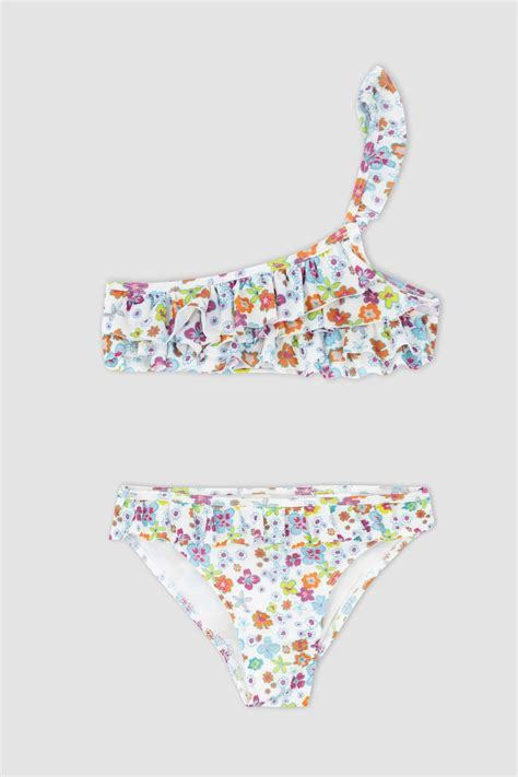 Çok Renkli Kız Çocuk Genç Kız Kız Çocuk Desenli Tek Omuzlu Bikini Takım DeFacto