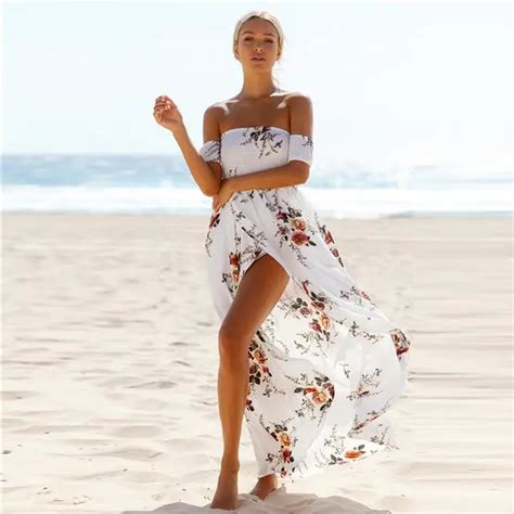 Buy Off Shoulder Women Beach Dress Print Floral Strapless Slash Neck Backless