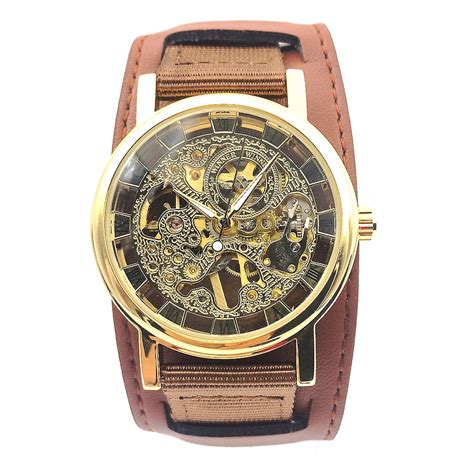 Golden Tone Hollow Skeleton Mens Lady Women Wind Up Mechanical Analog