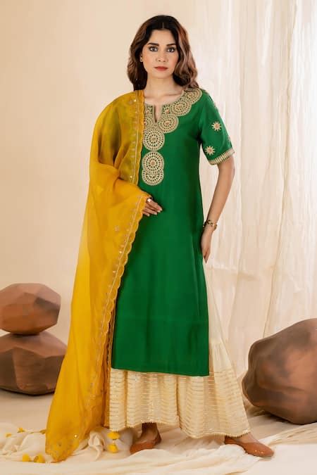 Buy Green Kurta Chanderi Hand Embroidered Dori Notched Round And