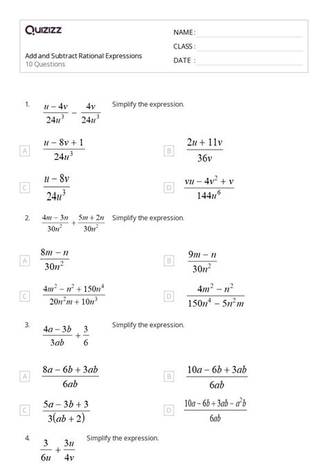 50 Rational Expressions Worksheets For 10th Year On Quizizz Free