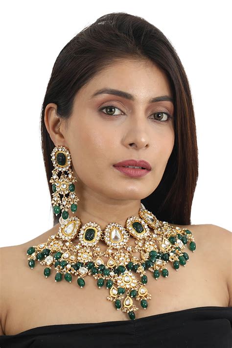 Buy Gold Plated Real Jadtar Stones Embellished Choker Set By Riana