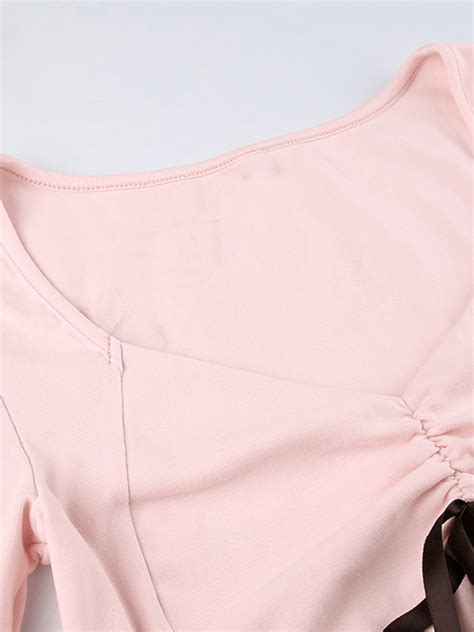 Emmiol Free Shipping V Neck Bow Tie Front Long Sleeve Tee Pink S