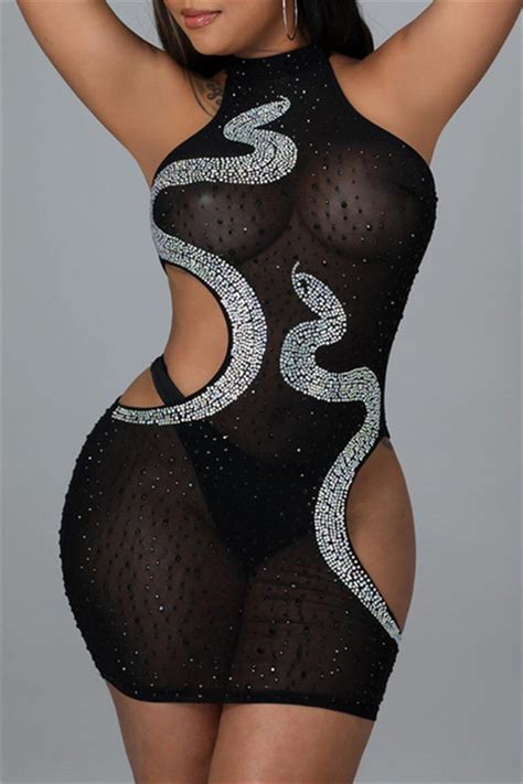 Wholesale Black Fashion Sexy Patchwork Hot Drilling Hollowed Out See Through O Neck Sleeveless