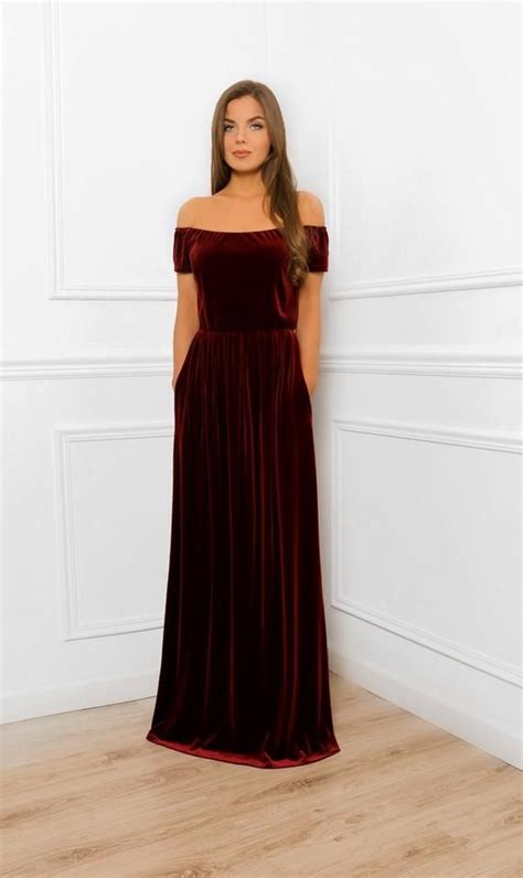 Dark Burgundy Shoulders Off Maxi Velvet Dress Bridesmaid Party Dress