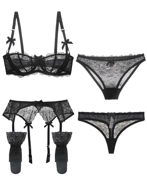 Ensemble lingerie fine 5pcs noire à dentelle transparente sous