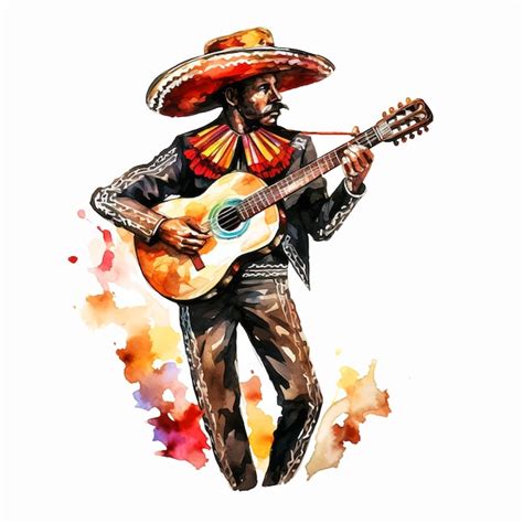 Charro Mariachi Mexicano Tocando La Guitarra Pintura En Acuarela