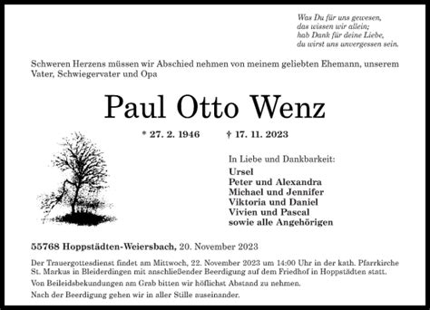 Traueranzeigen Von Paul Otto Wenz Rz Trauer De