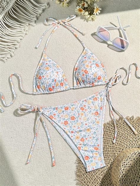 SHEIN Maternity Halter Neck Floral Print Bikini Set String Beach Outfit Bathing Suit Summer