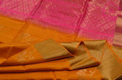 Tvis And Bliss Mustard Yellow And Pink Pure Coimbatore Soft Silk Saree