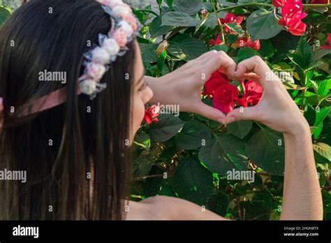 Cute Brunette Teenager Girl With Flowered Tiara Or Hairband On Garden Hippie Costume Concept