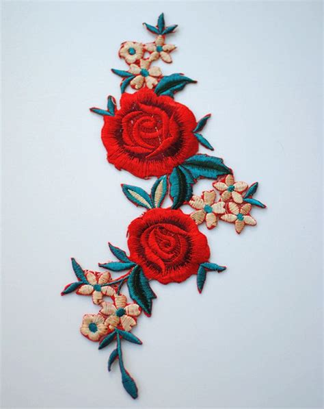 Red Embroidered Flower Applique Patchvintage Floral Patch For Etsy