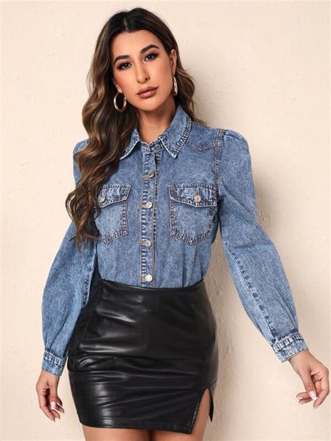 Camicia In Denim Tasca Con Patta Con Manica A Sbuffo SHEIN ITALIA