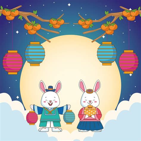 Premium Vector Happy Chuseok Celebration With Rabbits Couple And