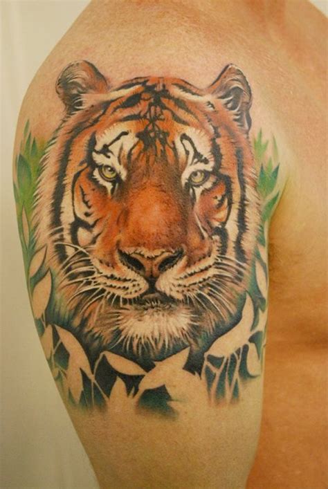 Portrait tiger face tattoo on shoulder - Tattooimages.biz