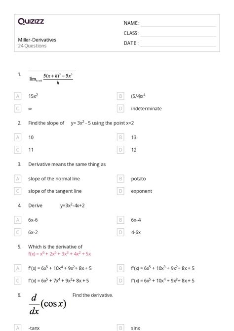 50 Derivatives Worksheets For 12th Grade On Quizizz Free And Printable