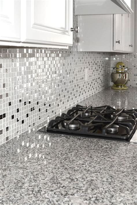 5 White Glass Metal Backsplash Tile Luna Pearl Granite Countertop