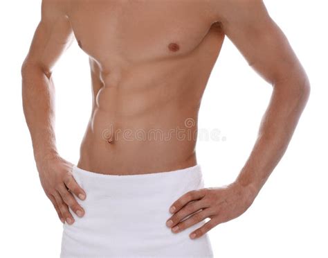 Shirtless Man With Slim Body And Towel Wrapped Around His Hips Isolated